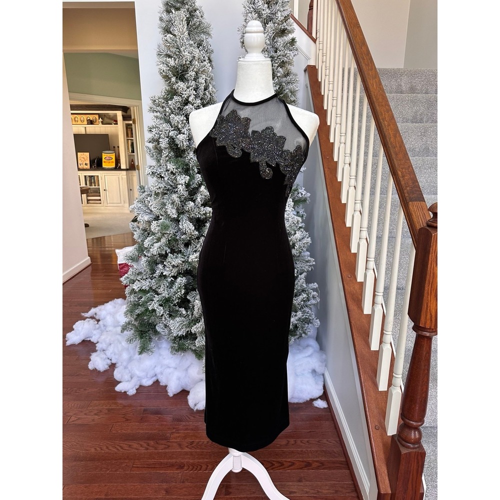 Papell Boutique Evening Vintage Beaded Velour Mesh Embroidered Formal‎ Dress